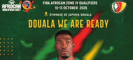 Affiche des qualifications FIBA Afro-Can zone IV au gymnase de Japoma, du 10 au 13 octobre 2026.