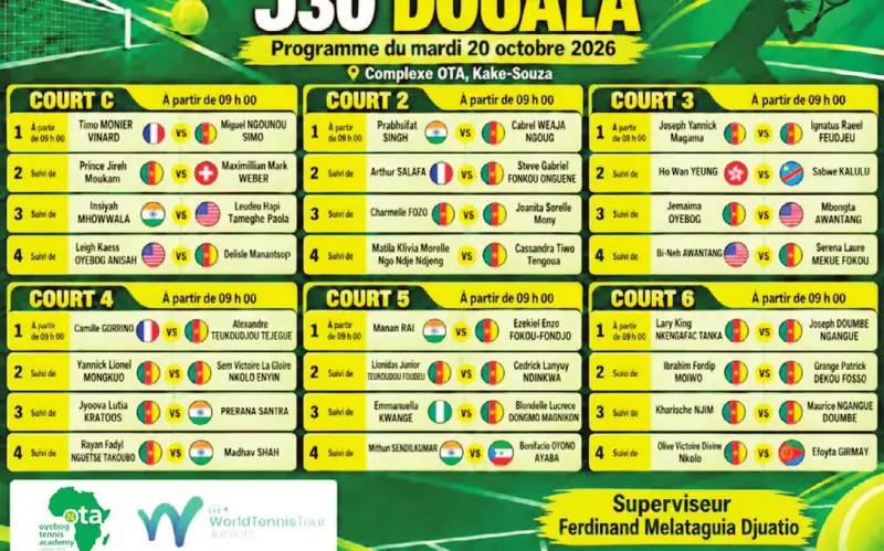 Programme des matches du mardi 20 octobre 2026 au complexe OTA de Kake-Souza, court par court.