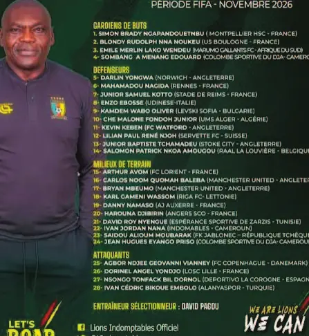 La liste des Lions indomptables convoqués par David Pagou pour la période Fifa de novembre 2026.