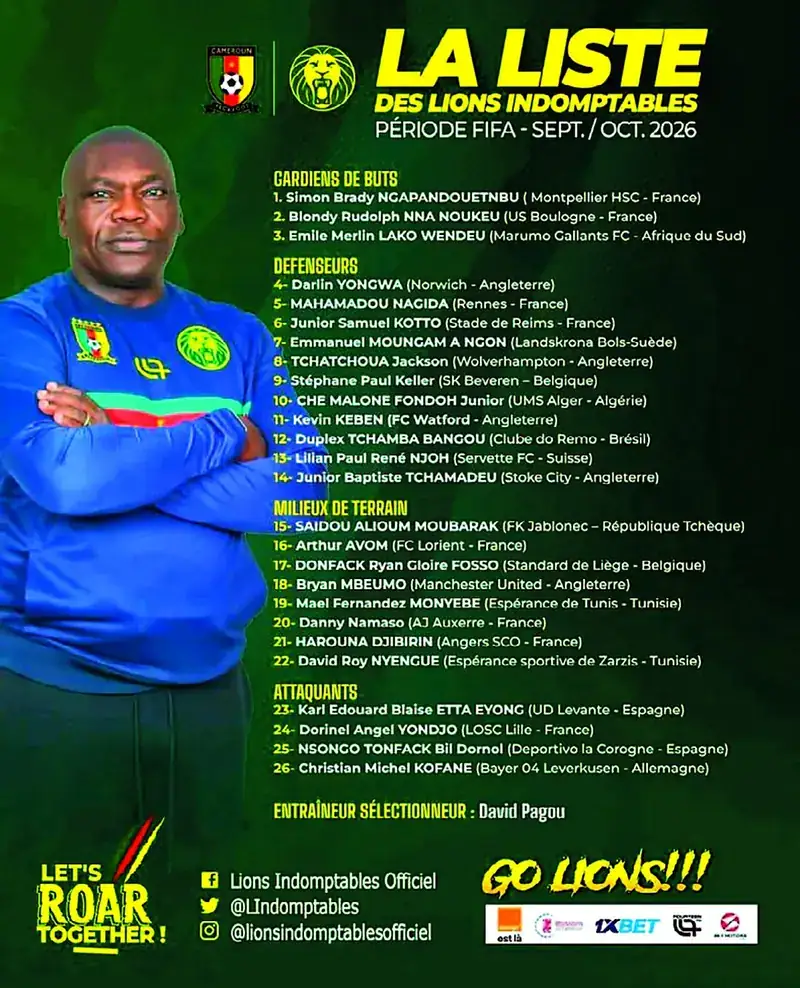 La liste des 26 Lions indomptables convoqués pour la période Fifa de septembre-octobre 2026.