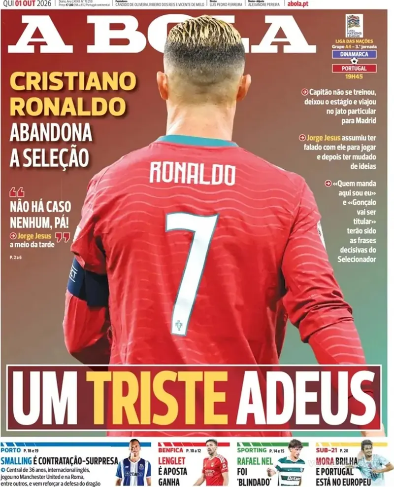 Une du quotidien A Bola : Cristiano Ronaldo de dos, « Um triste adeus ».