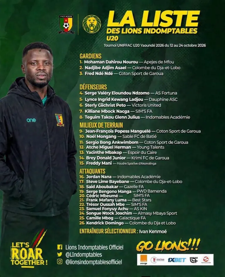 Affiche de la liste des Lions indomptables U20 pour le tournoi Uniffac de Yaoundé.