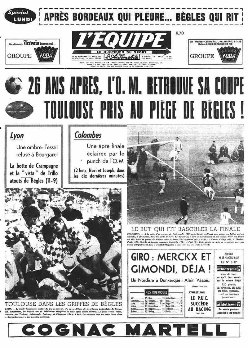 Une de L’Équipe en mai 1969 : « 26 ans après, l’O.M. retrouve sa coupe ».